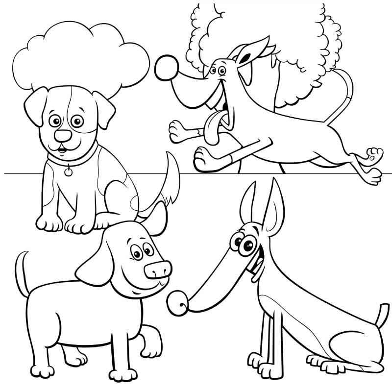 דף צביעה עם כלבים ארבע חמודים