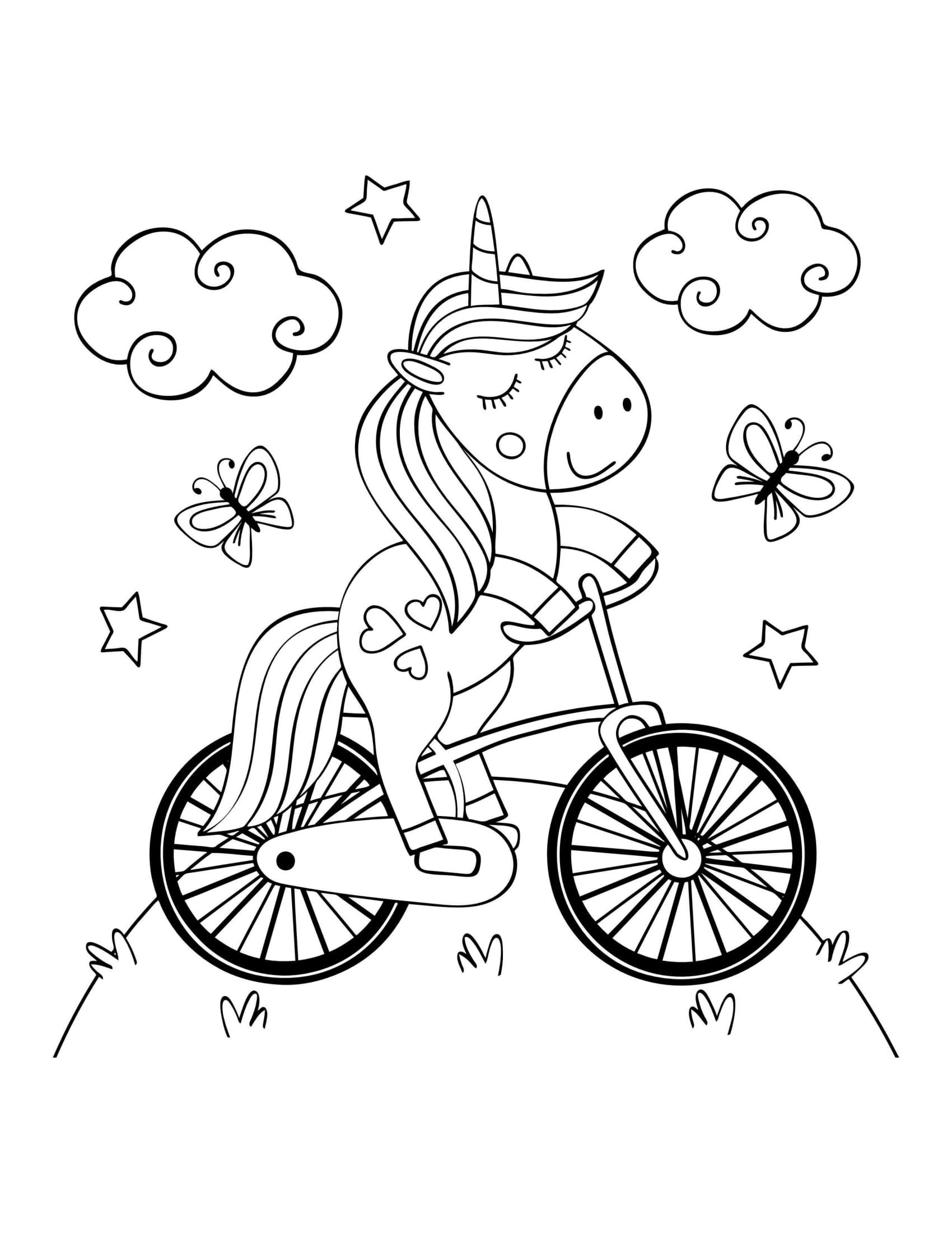 Unicorn riding a bicycle coloring page