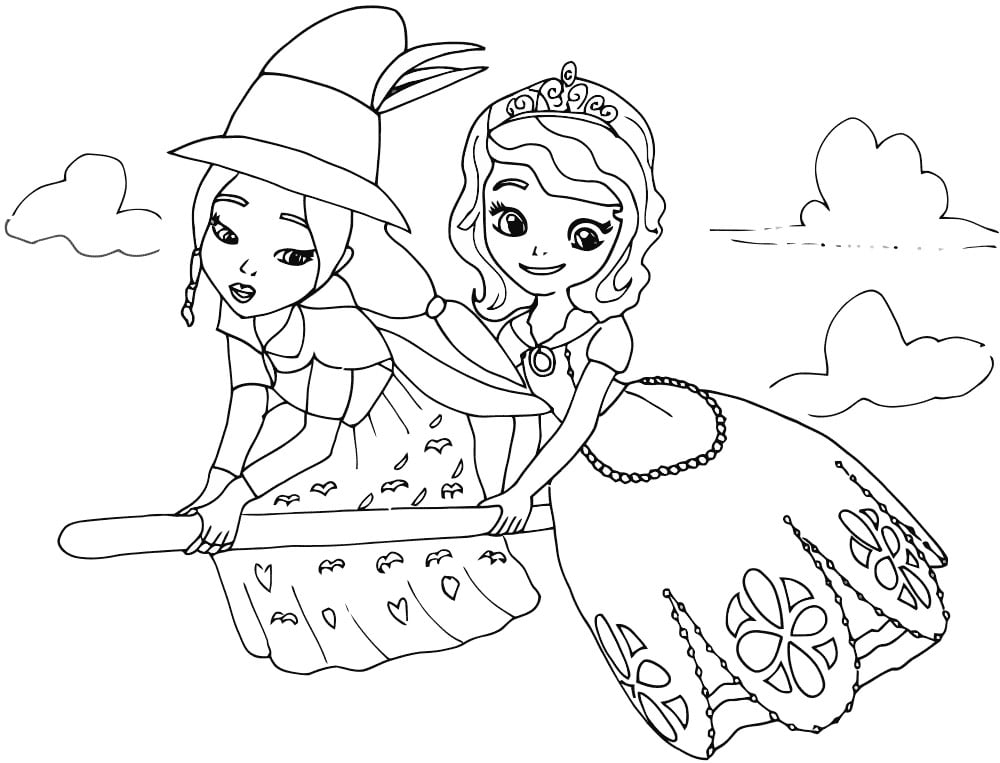 Princess Sophia on a broom with a witch 