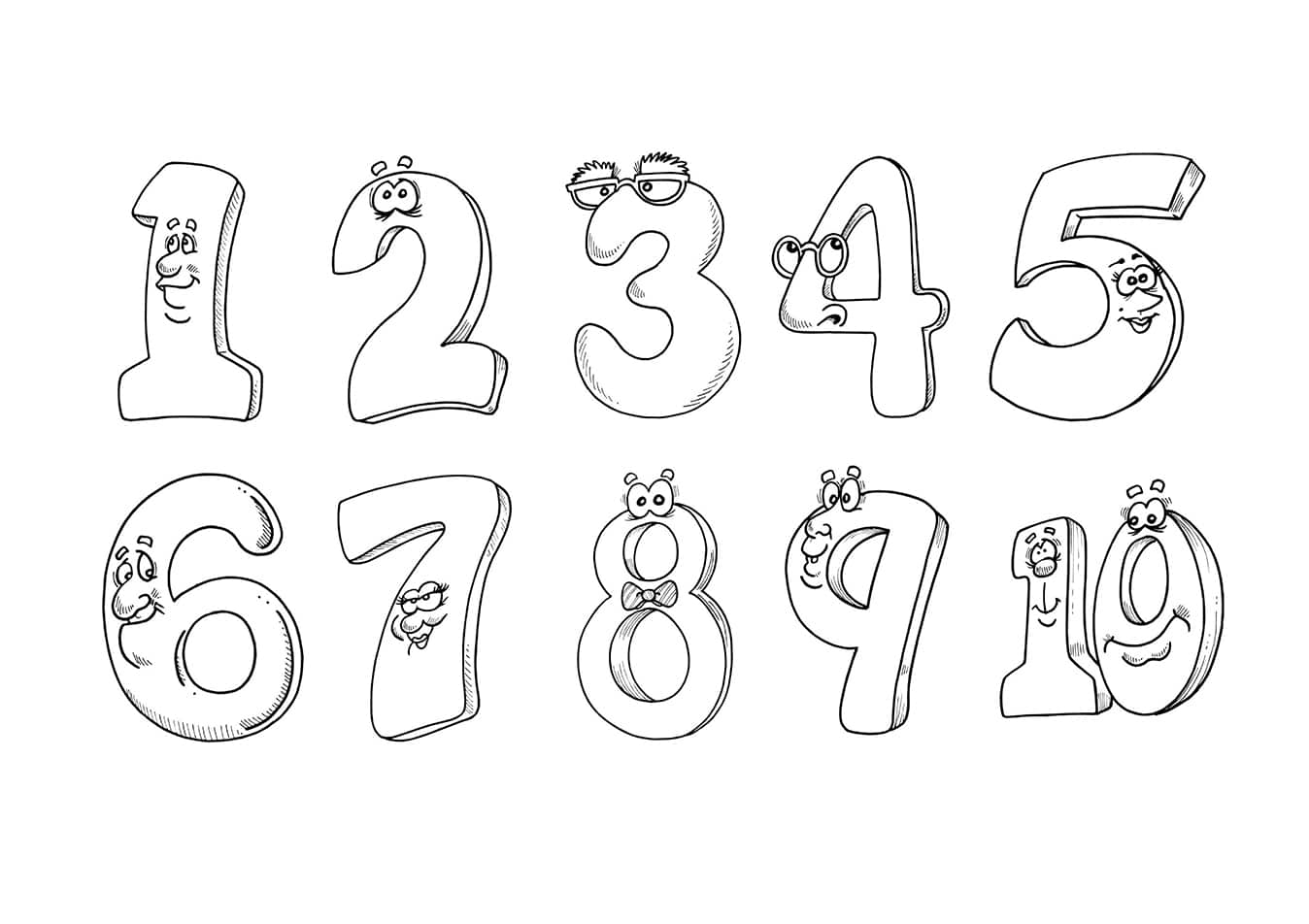 Set of numbers from one to ten with funny faces coloring page