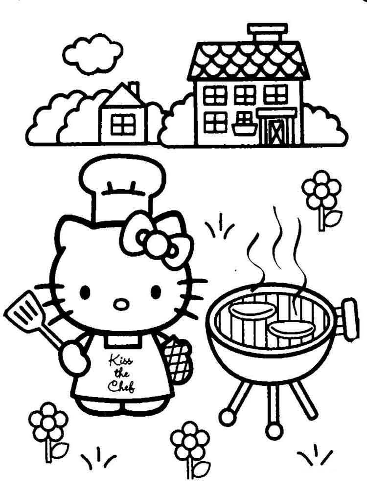 Hello Kitty cooking meat in the garden