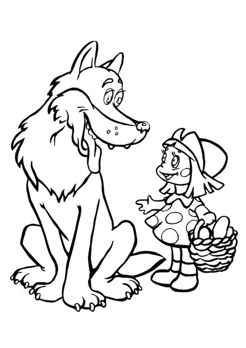 Drawing of a wolf with a
  Little red riding hood girl