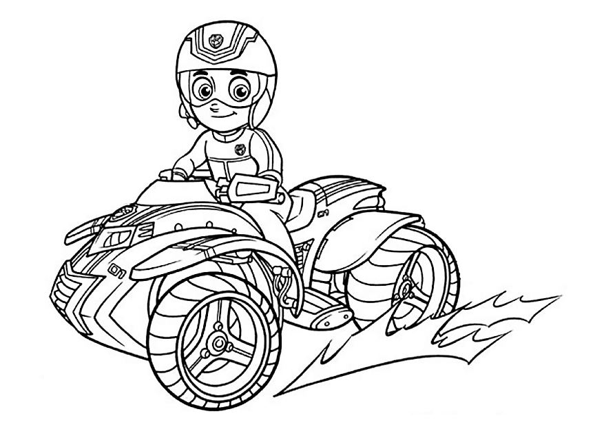 Ryder from PAW Patrol riding a quad bike coloring page