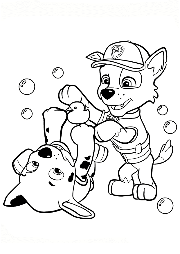 Marshall and Rocky from PAW Patrol playing with a bird coloring page