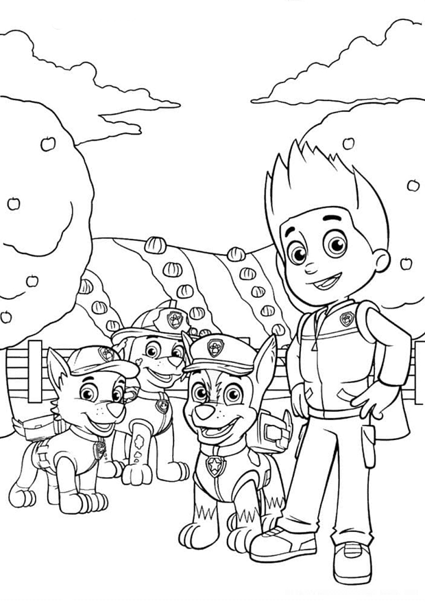 PAW Patrol team standing in a garden coloring page