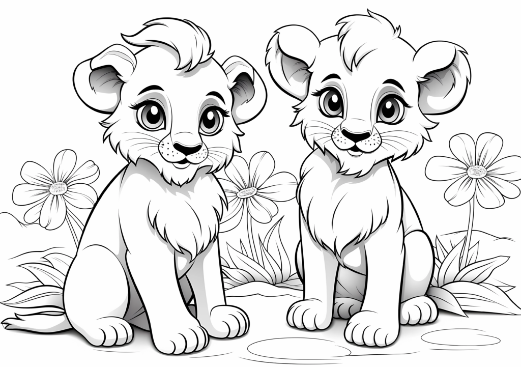Two lion cubs among flowers