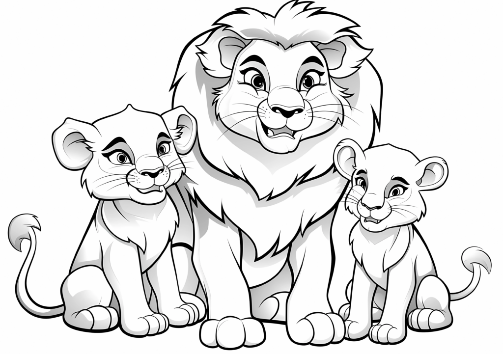Cheerful cartoon lion with cubs coloring page | (100%) Free Coloring Pages