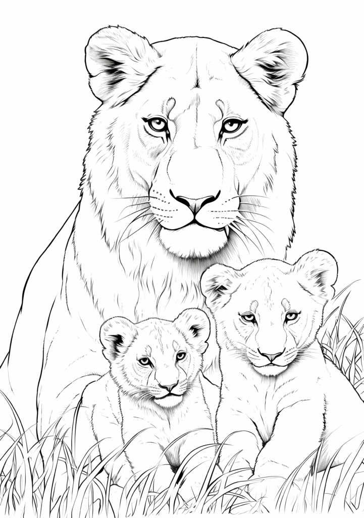 Mother lioness and cubs coloring page | (100%) Free Coloring Pages