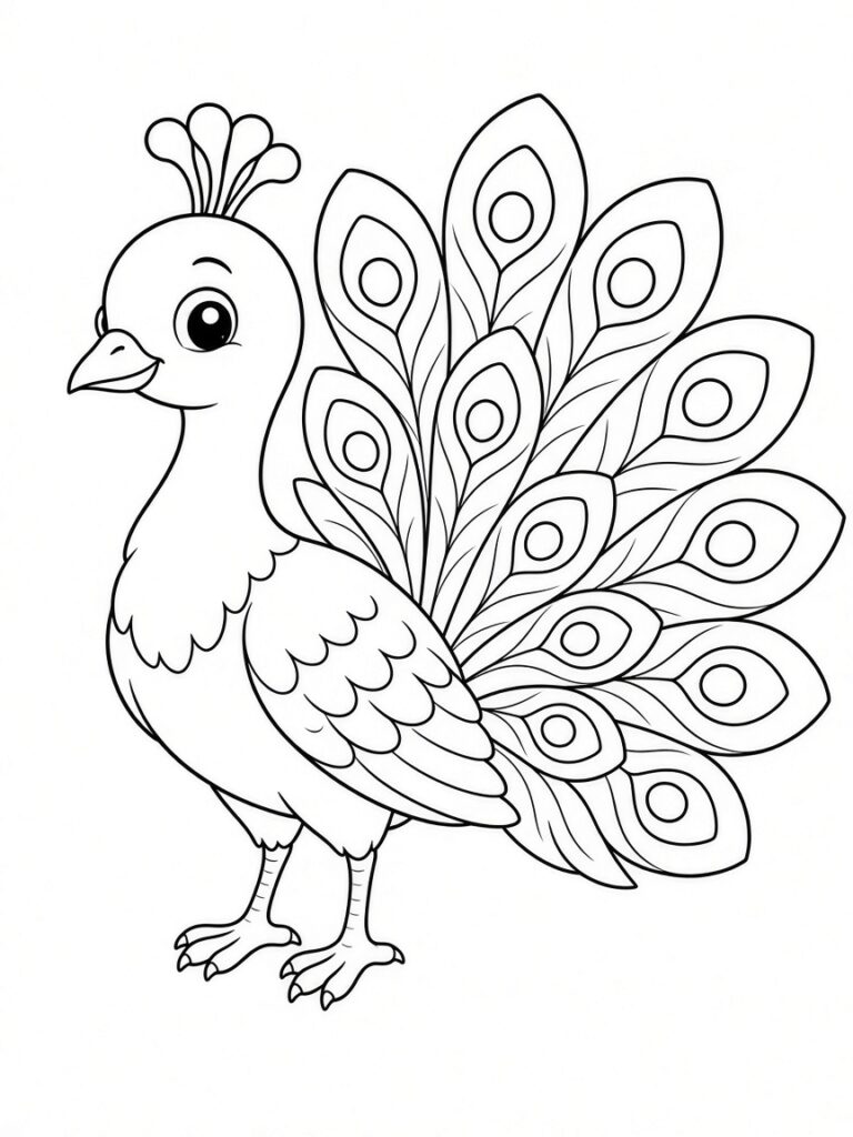 A black and white peacock coloring page