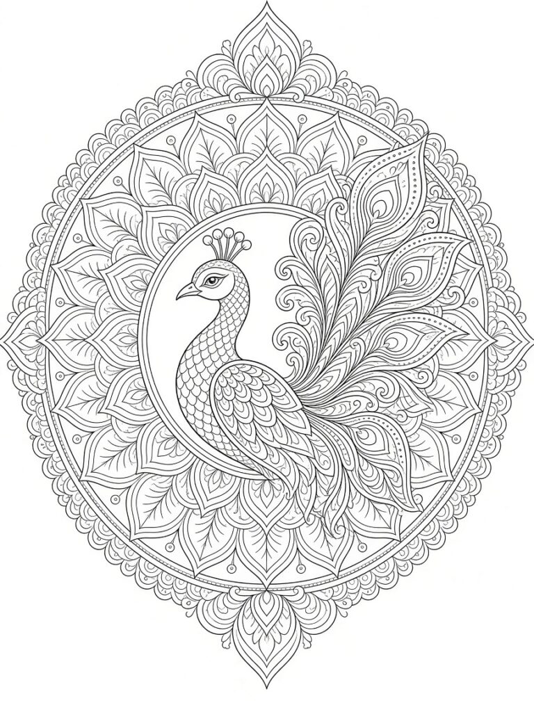 An aristocratic peacock mandala coloring page