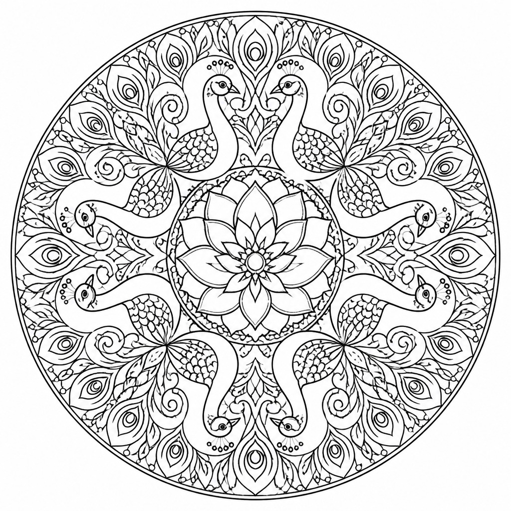 A special mandala of peacocks coloring page