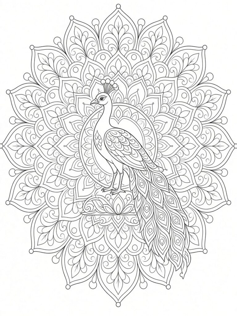 A standing peacock mandala coloring page