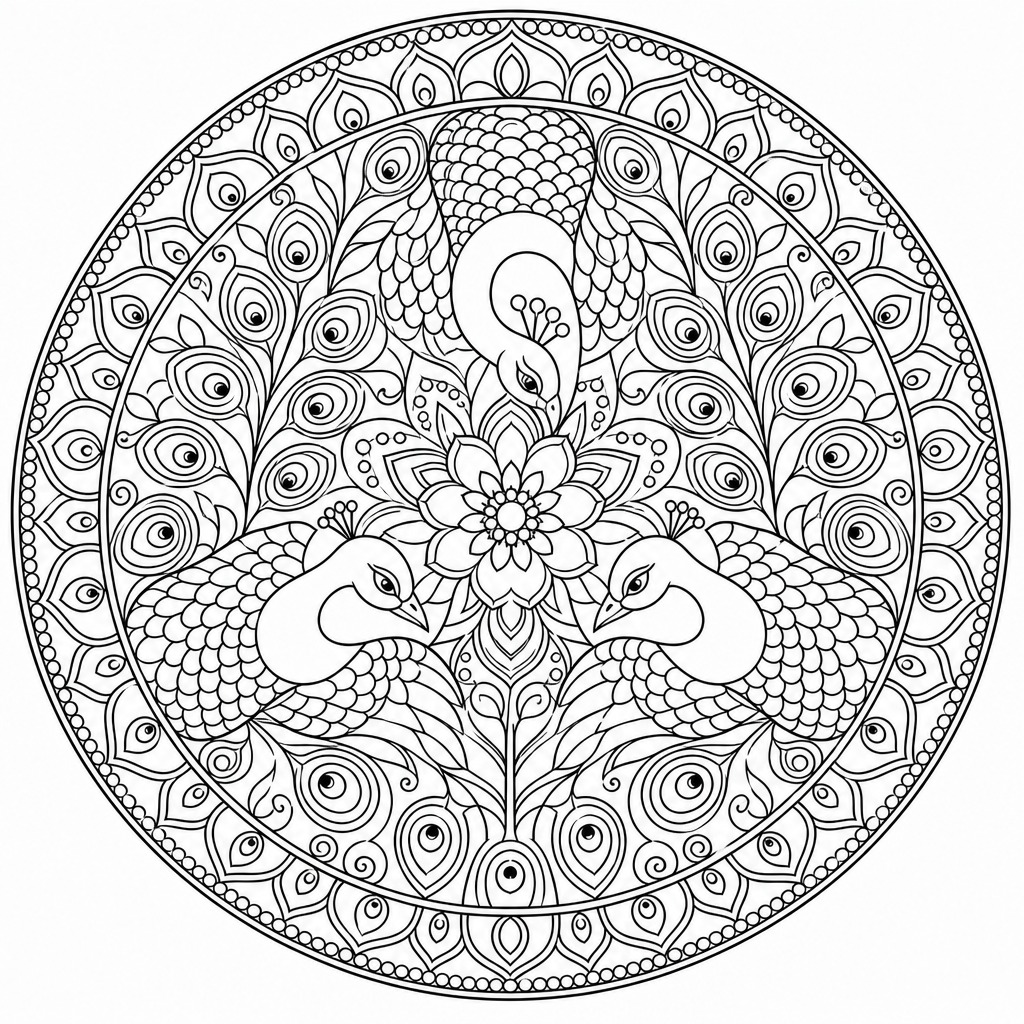 Three pecocks mandala coloring page
