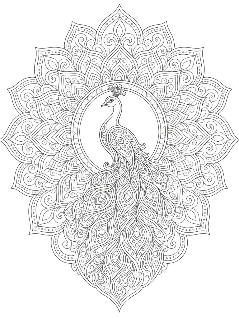 An elegant peacock mandala coloring page