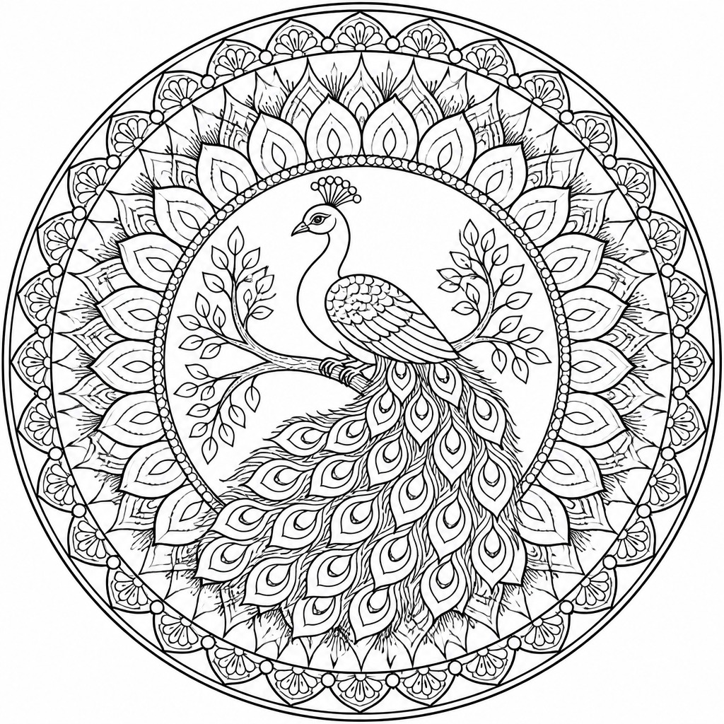 A peacock on a branch mandala coloring page