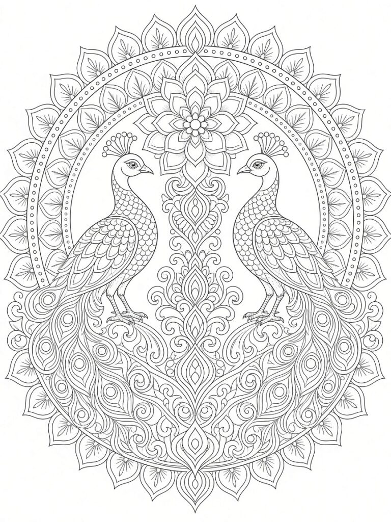 A mandala of two peacock coloring page