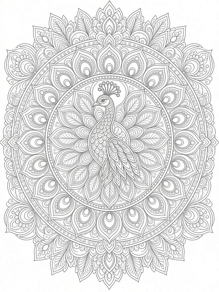 A special mandala of a peacock coloring page