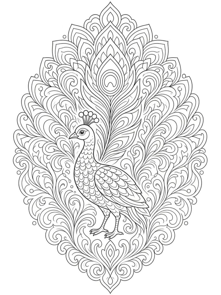 A beautiful peacock mandala coloring page