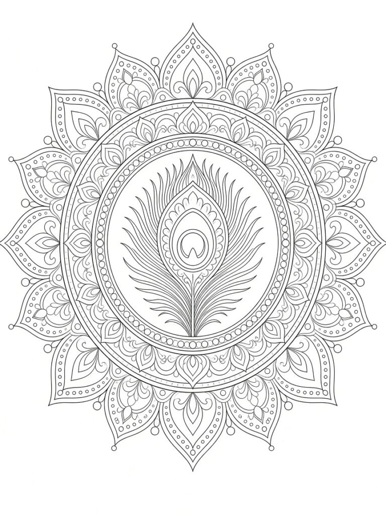 A charming peacock feather mandala coloring page