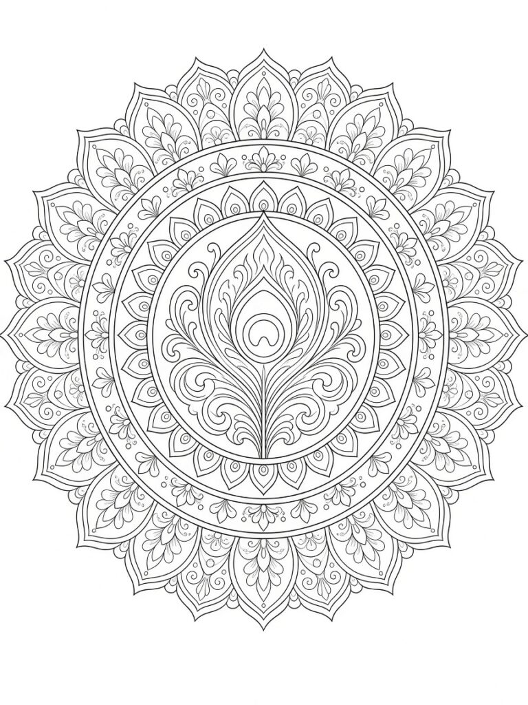 A graceful peacock feather mandala coloring page