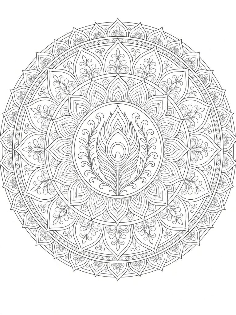 An elegant peacock feather mandala coloring page