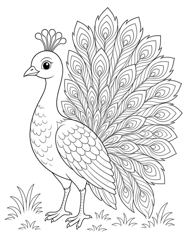 A peacock with a beautiful tail anf feathers coloring page