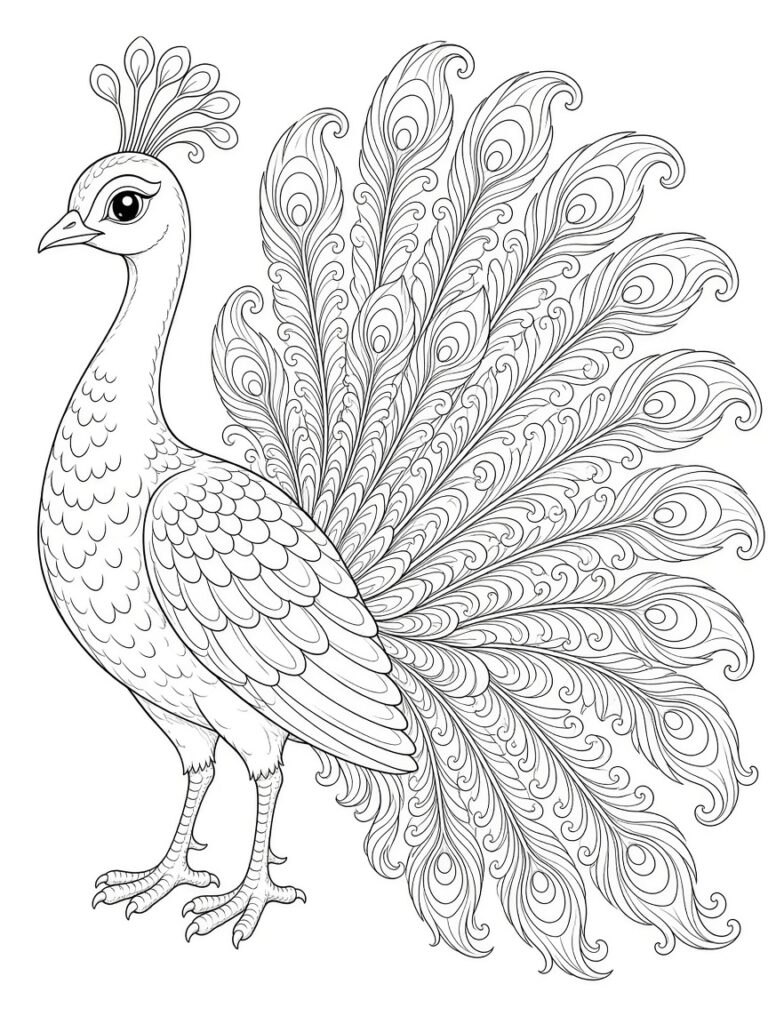An aristocratic peacock with feathers coloring page