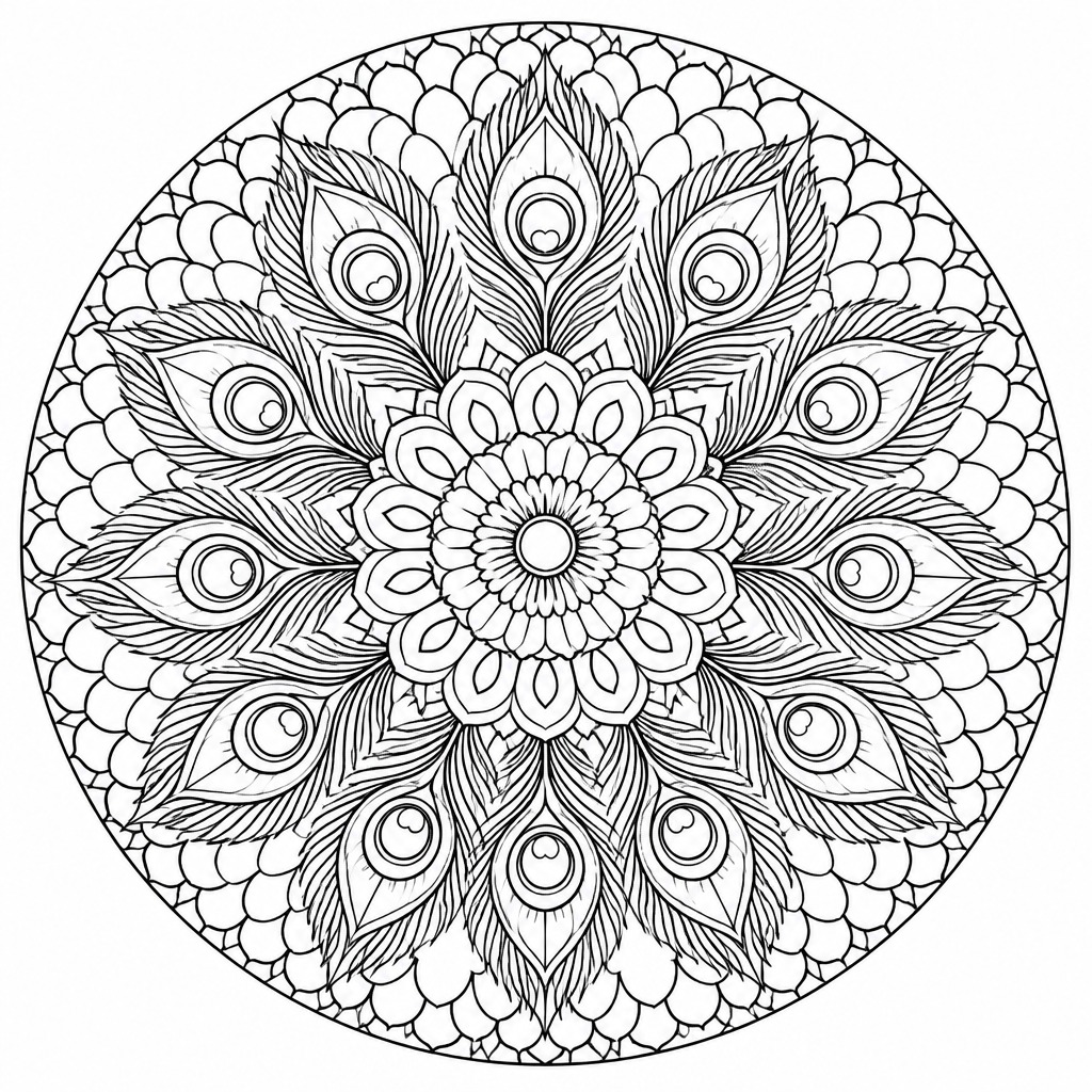 Special peacock feather mandala coloring page