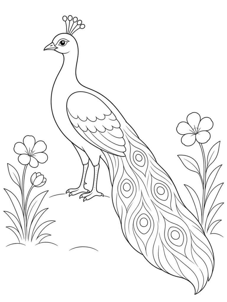 A charming realistic peacock with flowers colorimg page