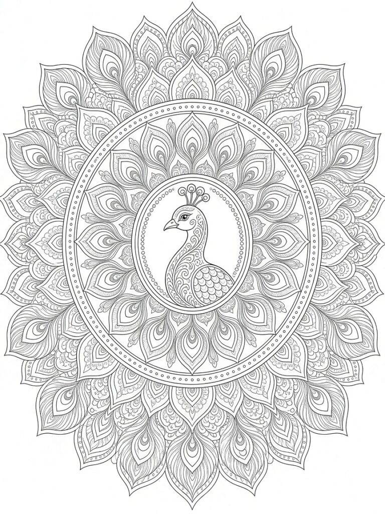 A special mandala of a peacock for coloring