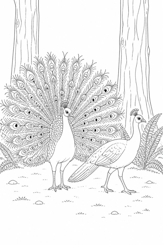 Two realistic peacock in a forest coloring page