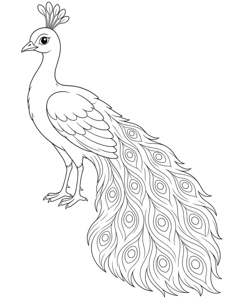 Graceful realistic peacock coloring page with a frame