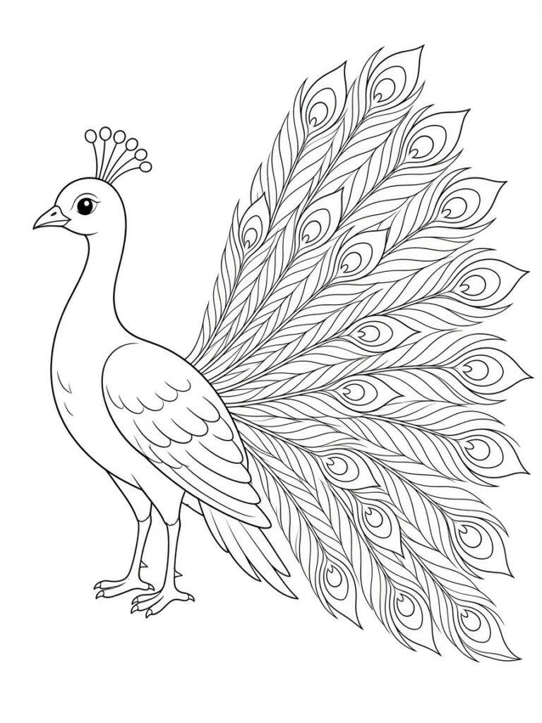 A realistic drawing of a peacock coloring page
